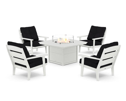 POLYWOOD® Lakeside 5-Piece Deep Seating Set with Nautical Fire Pit Table in White / Midnight Linen