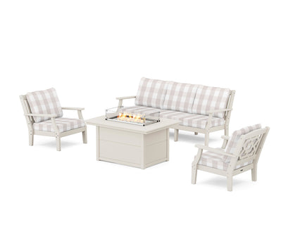 Martha Stewart by POLYWOOD® Chinoiserie Deep Seating Fire Pit Table Set in Sand / Buffalo Plaid Dune Burlap