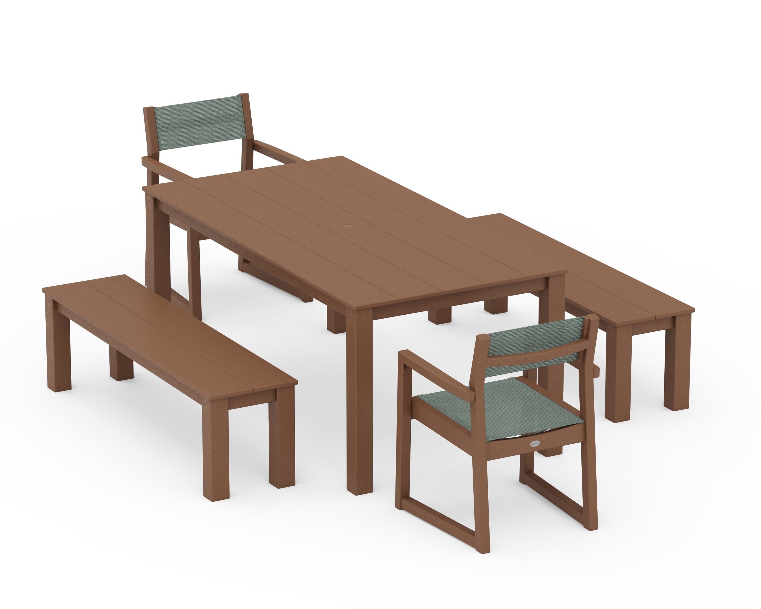 POLYWOOD® EDGE Sling Arm Chair 5-Piece Parsons Dining Set with Benches in Teak / Dupioni Sea Mist Sling