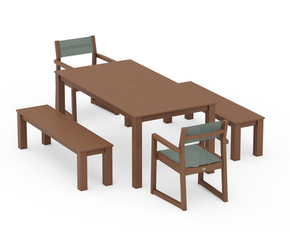 POLYWOOD® EDGE Sling Arm Chair 5-Piece Parsons Dining Set with Benches in Teak / Dupioni Sea Mist Sling