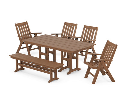 POLYWOOD® Vineyard Folding Chair 6-Piece Farmhouse Dining Set with Bench in Teak