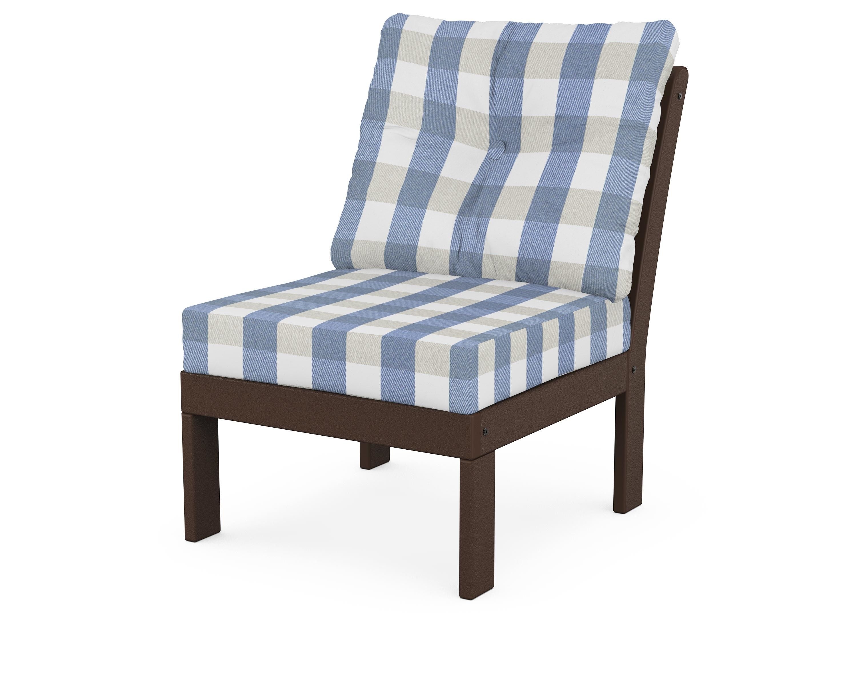 POLYWOOD® Vineyard Modular Armless Chair in Mahogany / Buffalo Plaid Sky Blue