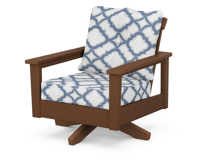 POLYWOOD® Prescott Deep Seating Swivel Chair in Teak / Trellis Sky Blue