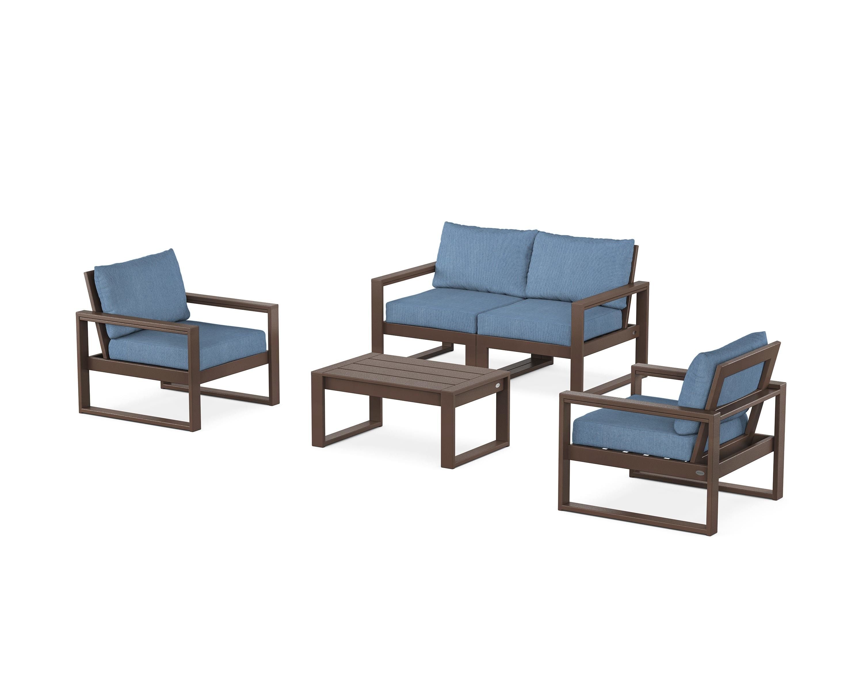 POLYWOOD® EDGE Sectional 4-Piece Deep Seating Set with Loveseat in Mahogany / Sky Blue