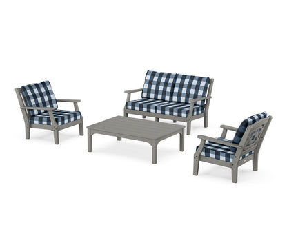 Martha Stewart by POLYWOOD® Chinoiserie 4-Piece Deep Seating Set with Loveseat in Slate Grey / Buffalo Plaid Marine Indigo