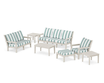POLYWOOD® Chippendale 7-Piece Deep Seating Set in Sand / Cabana Stripe Glacier Spa