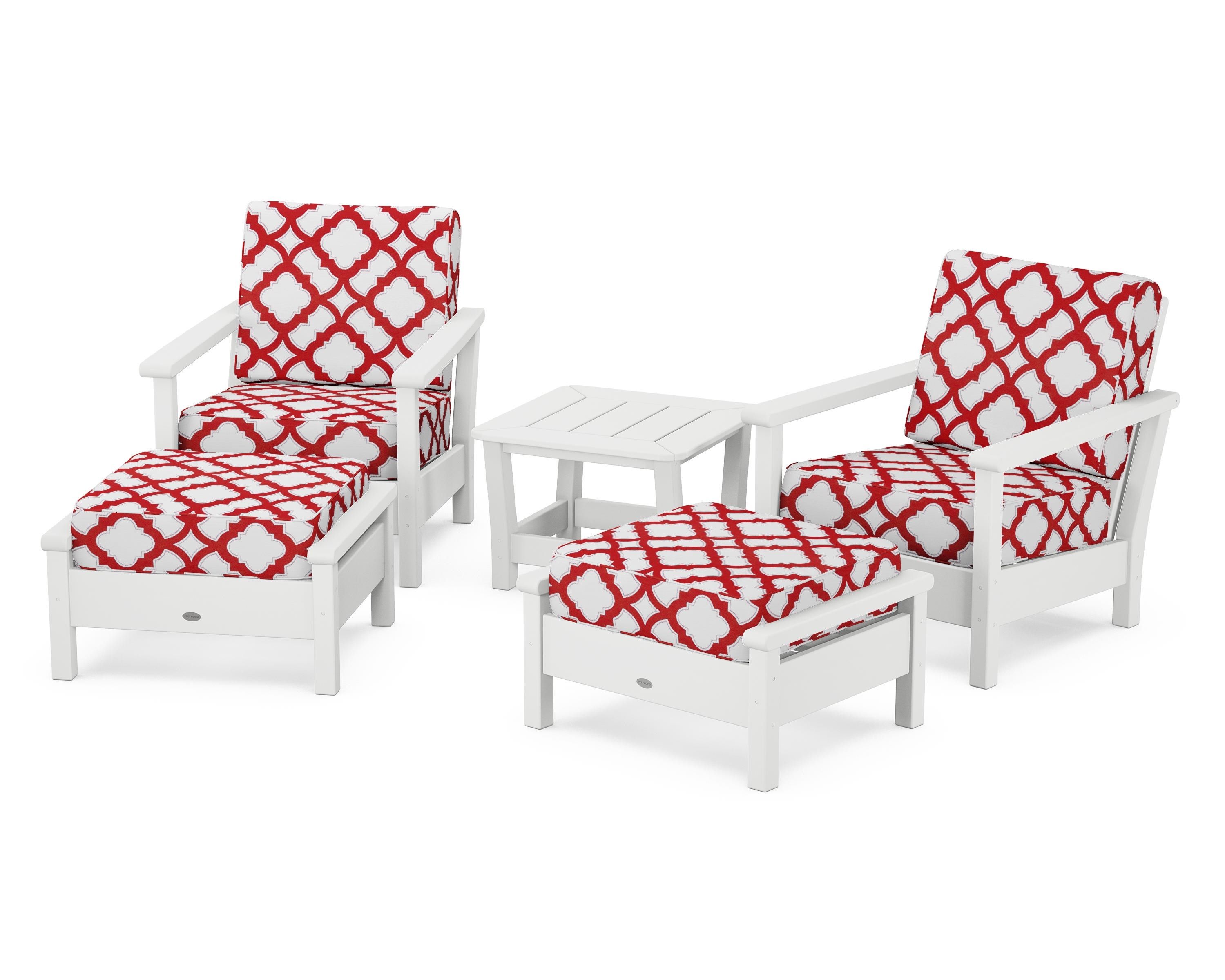 POLYWOOD® Harbour 5-Piece Deep Seating Chair Set in White / Trellis Crimson
