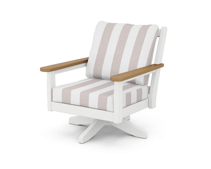 POLYWOOD® Chippendale Deep Seating Swivel Chair in White / Natural / Cabana Stripe Dune Burlap