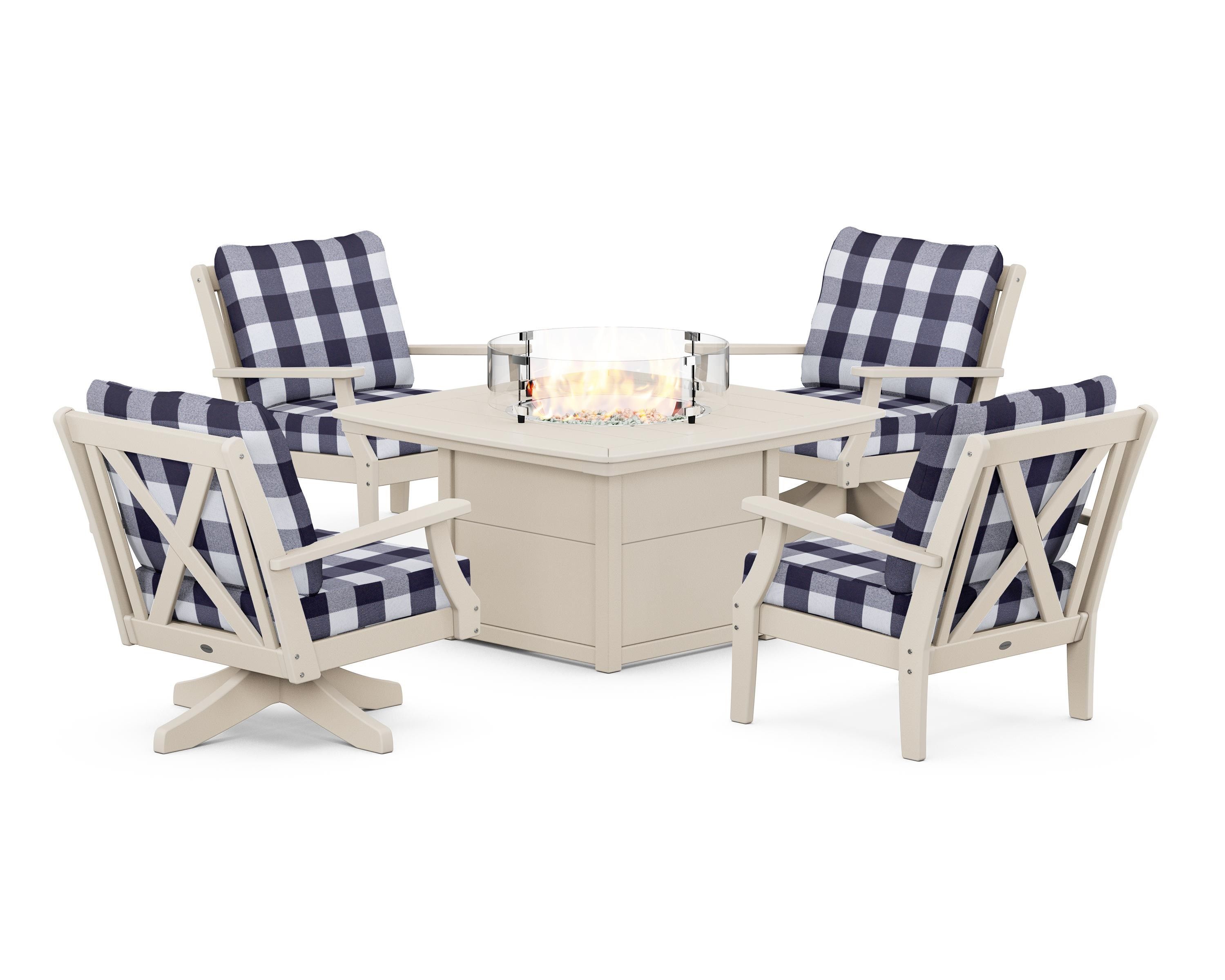 POLYWOOD® Braxton 5-Piece Deep Seating Set with Fire Table in Sand / Buffalo Plaid Navy