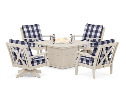 POLYWOOD® Braxton 5-Piece Deep Seating Set with Fire Table in Sand / Buffalo Plaid Navy