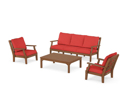 Martha Stewart by POLYWOOD® Chinoiserie 4-Piece Deep Seating Set with Sofa in Teak / Crimson Linen