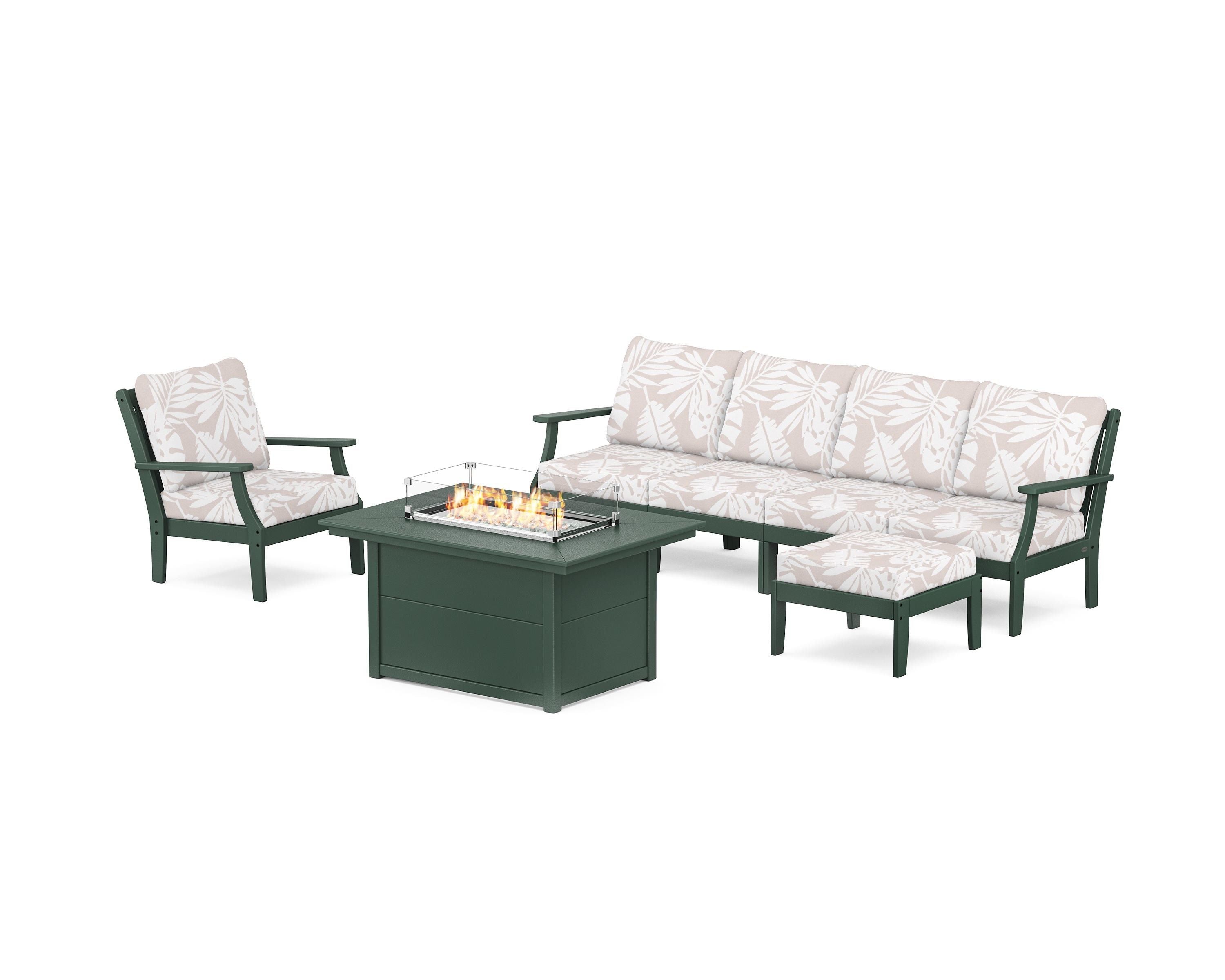 POLYWOOD® Braxton Sectional Lounge and Fire Pit Set in Green / Leaf Dune Burlap