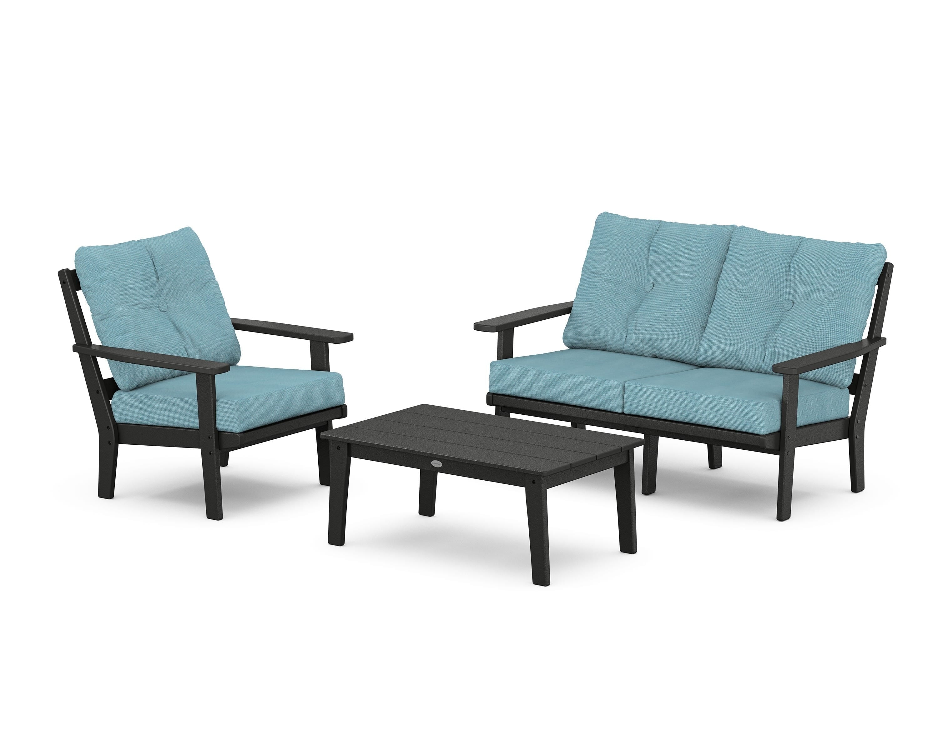 POLYWOOD® Oxford 3-Piece Deep Seating Set with Loveseat in Black / Lattice Sky Blue