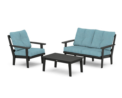POLYWOOD® Oxford 3-Piece Deep Seating Set with Loveseat in Black / Lattice Sky Blue