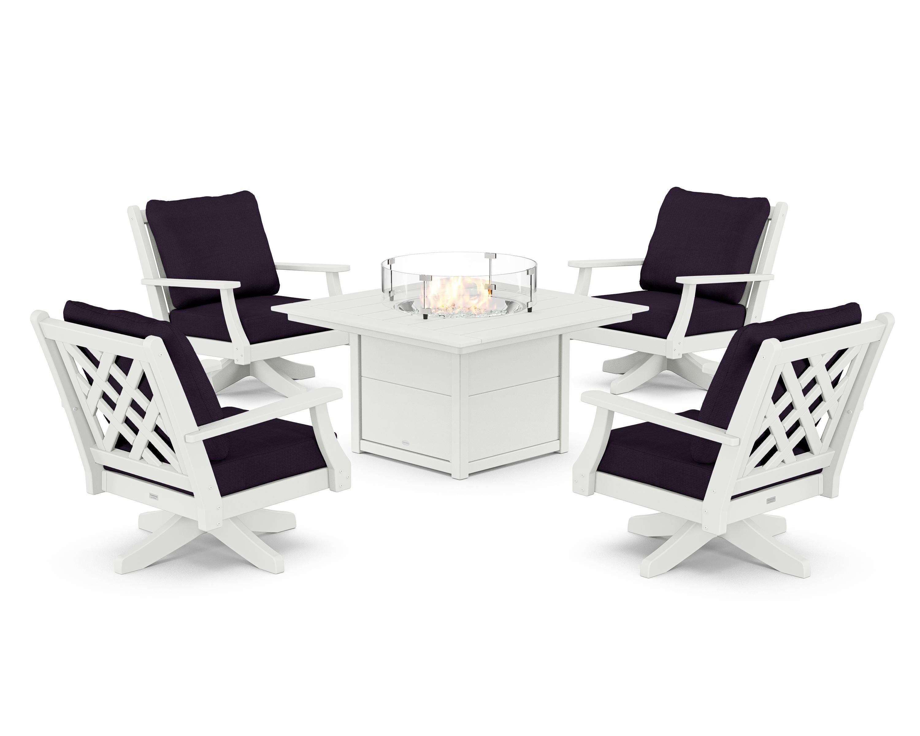 Country Living Wovendale 5-Piece Deep Seating Swivel Conversation Set with Fire Pit Table in White / Navy Linen