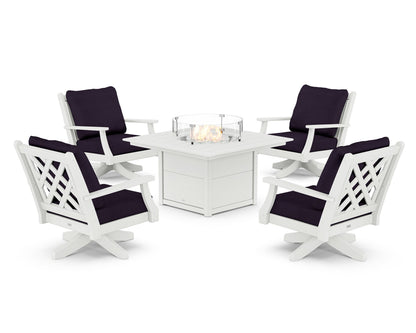 Country Living Wovendale 5-Piece Deep Seating Swivel Conversation Set with Fire Pit Table in White / Navy Linen