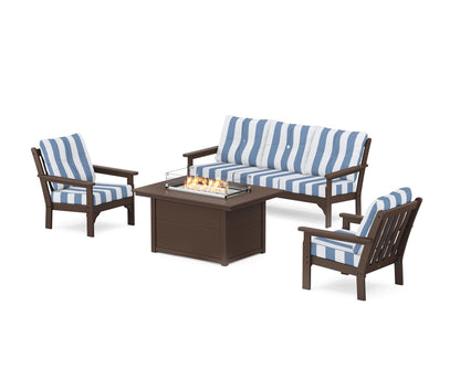 POLYWOOD® Vineyard Deep Seating Fire Pit Table Set in Mahogany / Cabana Stripe Sky Blue
