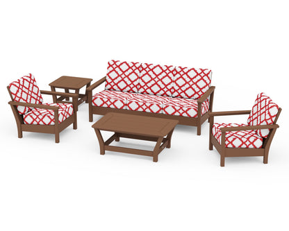 POLYWOOD® Harbour 5-Piece Deep Seating Set in Teak / Trellis Crimson