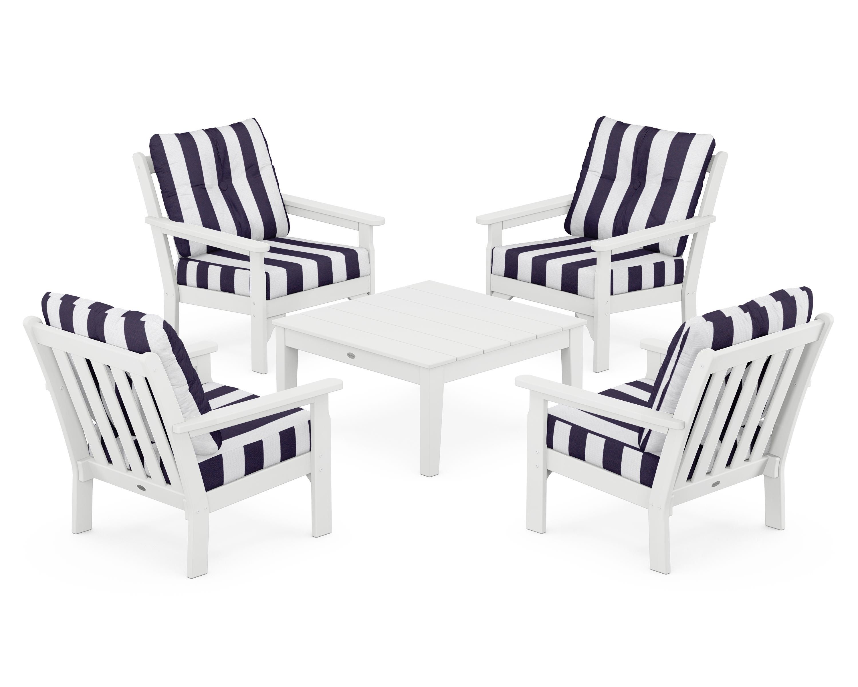 POLYWOOD® Vineyard 5-Piece Deep Seating Conversation Set in White / Cabana Stripe Navy