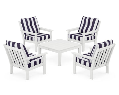 POLYWOOD® Vineyard 5-Piece Deep Seating Conversation Set in White / Cabana Stripe Navy