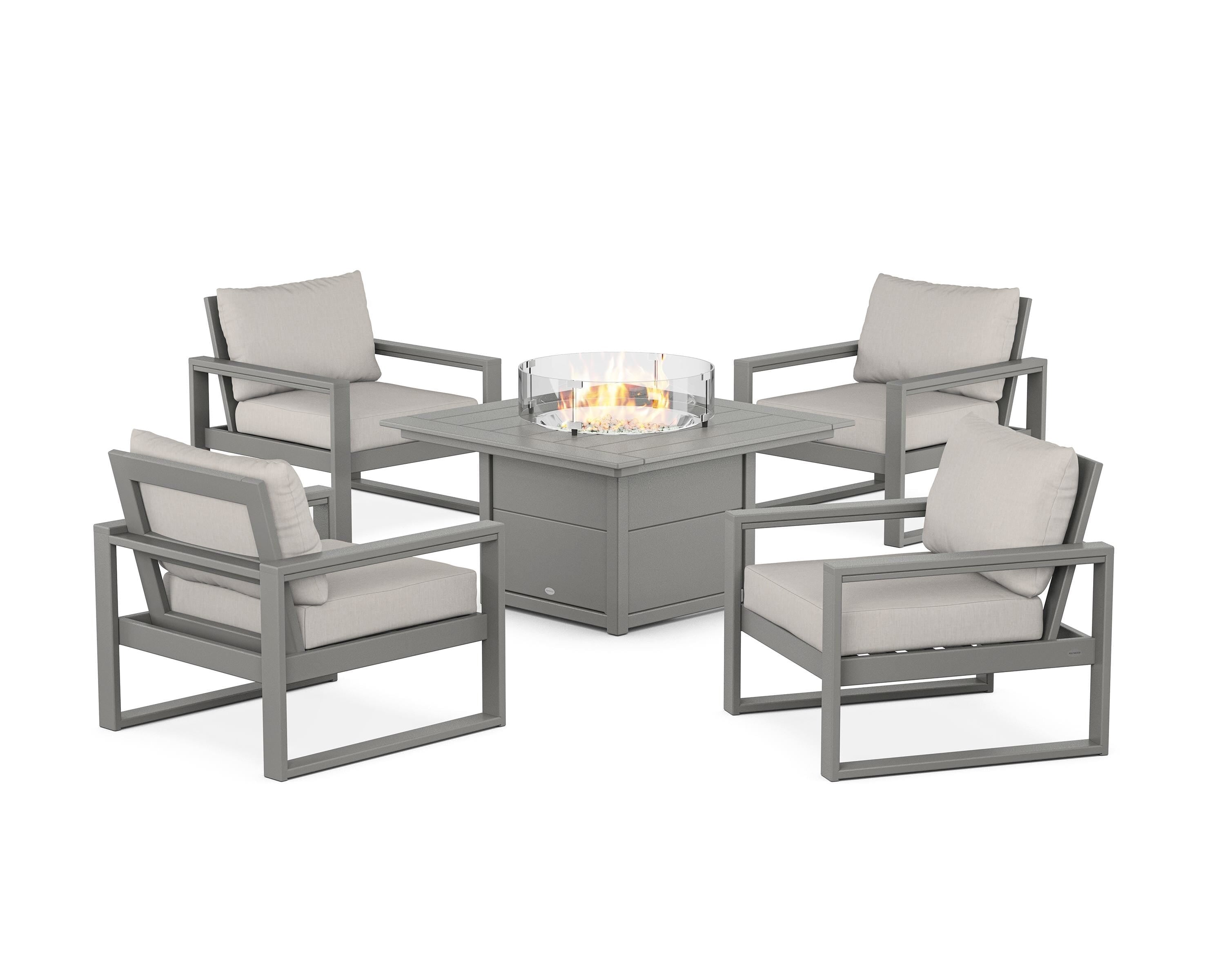 POLYWOOD® EDGE Sectional 5-Piece Deep Seating Set with Fire Pit Table in Slate Grey / Cast Ash
