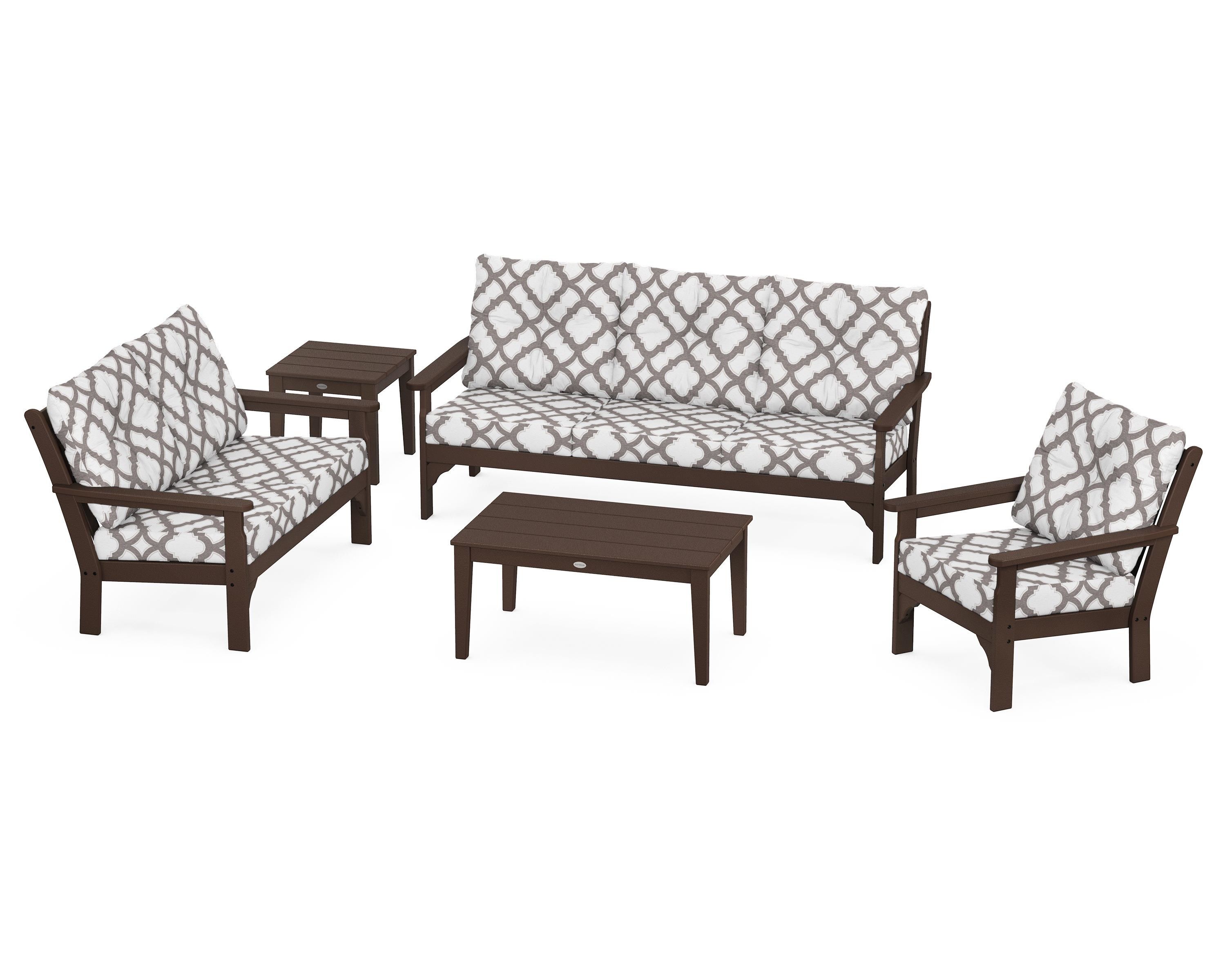POLYWOOD® Vineyard 5 Piece Deep Seating Set in Mahogany / Trellis Grey Mist