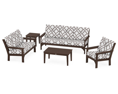 POLYWOOD® Vineyard 5 Piece Deep Seating Set in Mahogany / Trellis Grey Mist