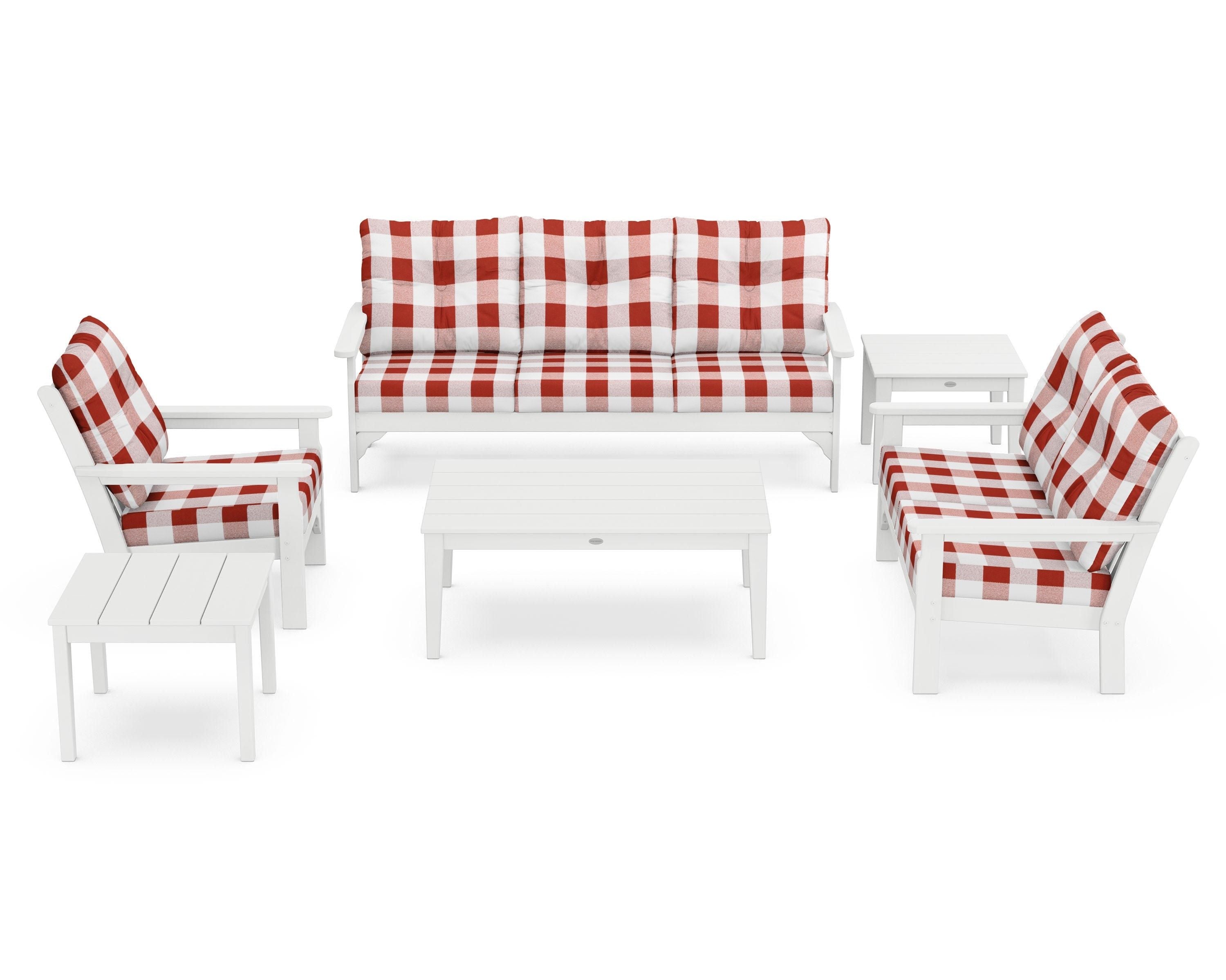 POLYWOOD® Vineyard 6-Piece Deep Seating Set in White / Buffalo Plaid Crimson
