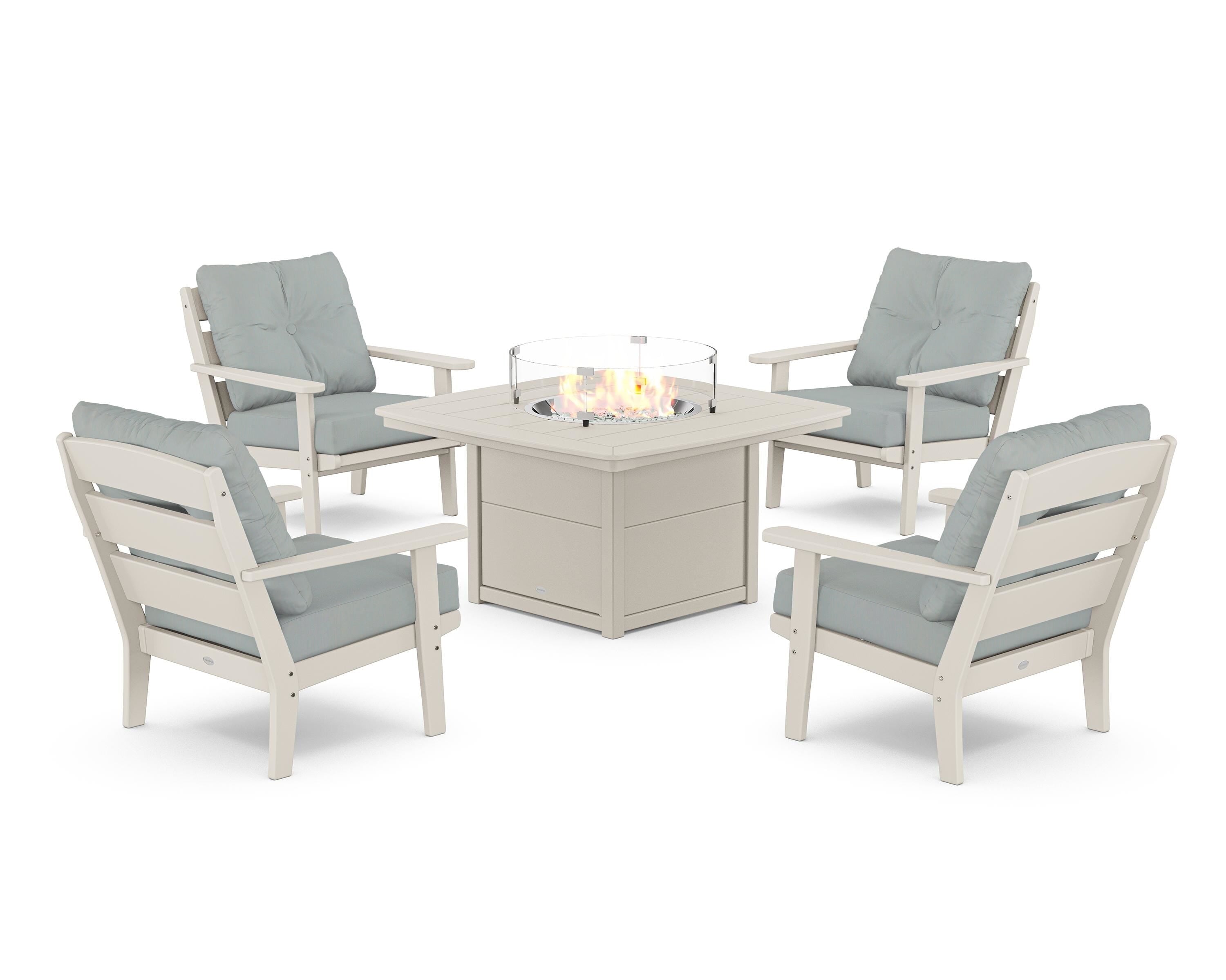POLYWOOD® Lakeside 5-Piece Deep Seating Set with Nautical Fire Pit Table in Sand / Spa