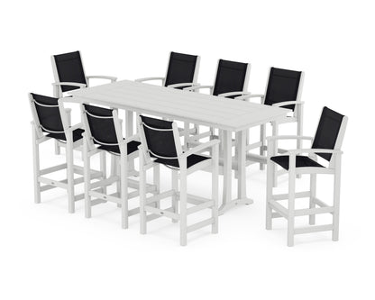 POLYWOOD® Coastal 9-Piece Farmhouse Bar Set with Trestle Legs in White / Black Sling