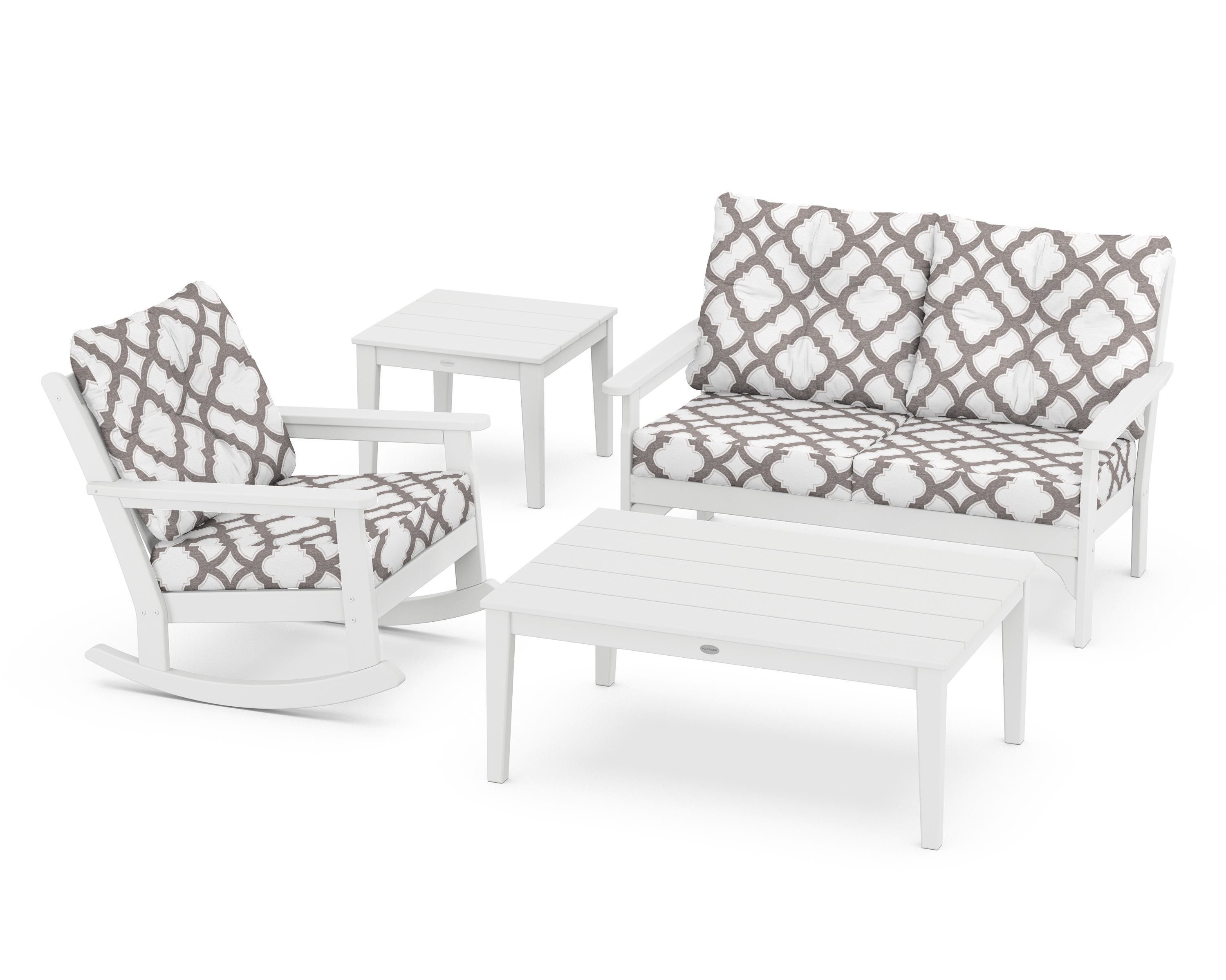 POLYWOOD® Vineyard 4-Piece Deep Seating Rocker Set in White / Trellis Grey Mist