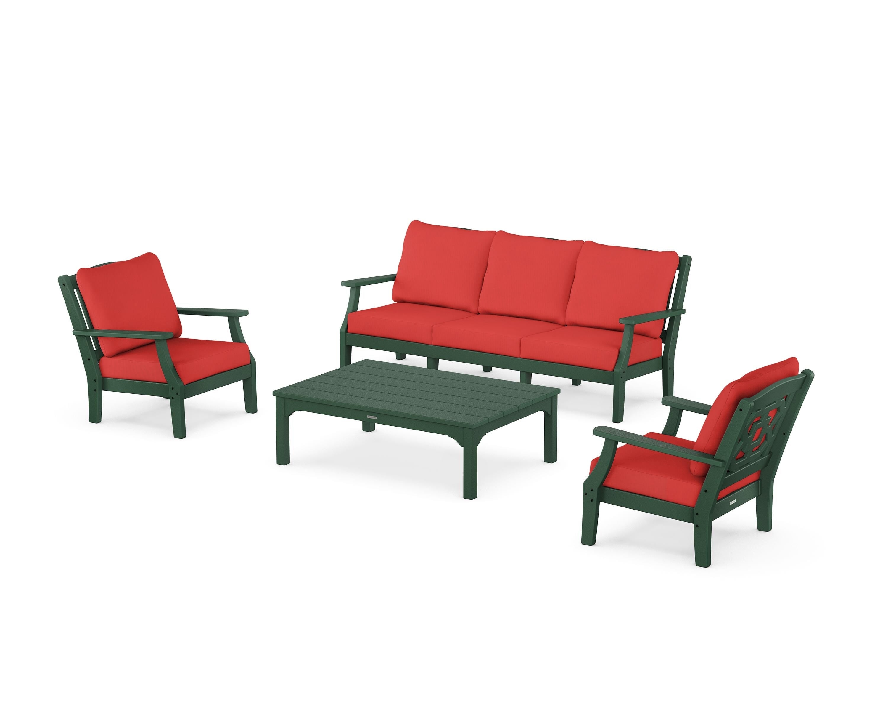 Martha Stewart by POLYWOOD® Chinoiserie 4-Piece Deep Seating Set with Sofa in Green / Crimson Linen