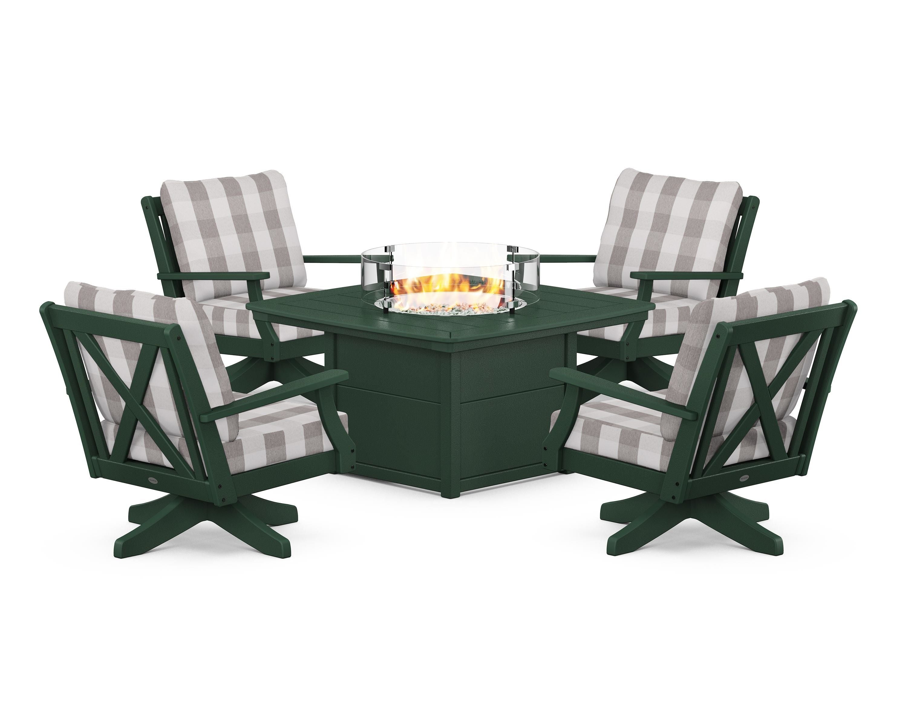 POLYWOOD® Braxton 5-Piece Deep Seating Swivel Conversation Set with Fire Pit Table in Green / Buffalo Plaid Grey Mist