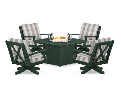 POLYWOOD® Braxton 5-Piece Deep Seating Swivel Conversation Set with Fire Pit Table in Green / Buffalo Plaid Grey Mist