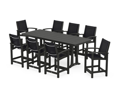 POLYWOOD® Coastal 9-Piece Farmhouse Counter Set with Trestle Legs in Black / Black Sling