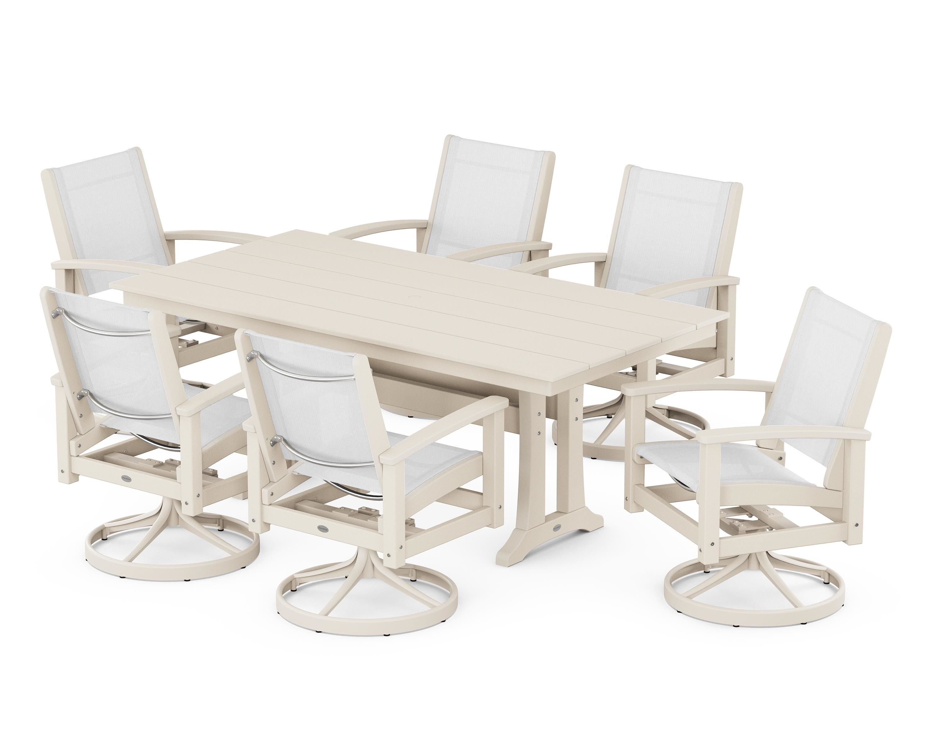 POLYWOOD® 7 Piece Coastal Swivel Rocker Dining Set in Satin Tan / Sand / White Sling