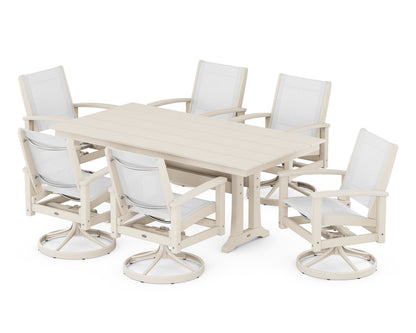 POLYWOOD® 7 Piece Coastal Swivel Rocker Dining Set in Satin Tan / Sand / White Sling