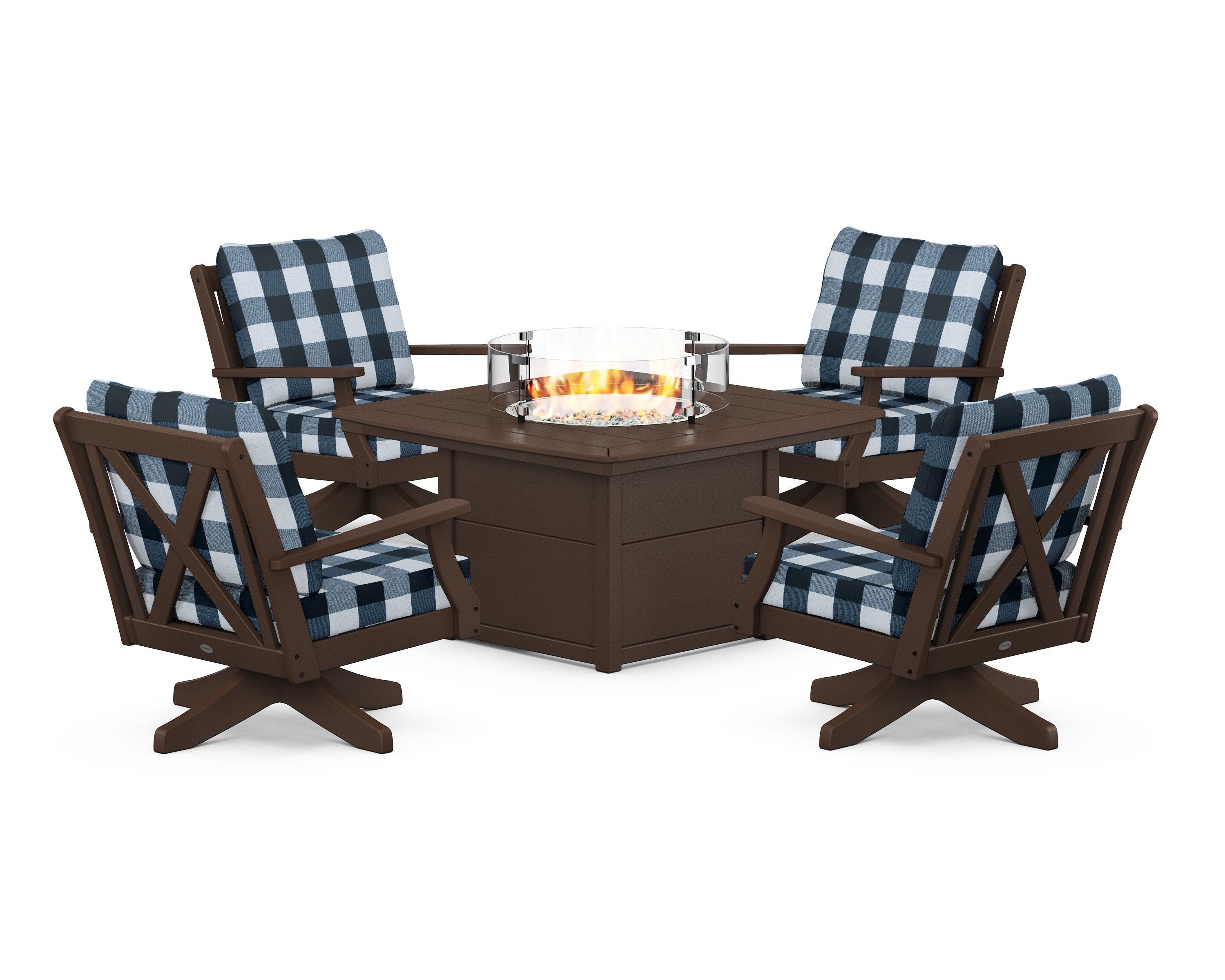 POLYWOOD® Braxton 5-Piece Deep Seating Swivel Conversation Set with Fire Pit Table in Mahogany / Buffalo Plaid Marine Indigo