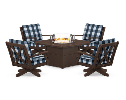 POLYWOOD® Braxton 5-Piece Deep Seating Swivel Conversation Set with Fire Pit Table in Mahogany / Buffalo Plaid Marine Indigo