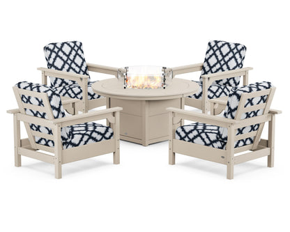 POLYWOOD® Club 5-Piece Conversation Set with Fire Pit Table in Sand / Trellis Marine Indigo