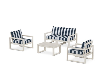 POLYWOOD® EDGE Sectional 4-Piece Deep Seating Set with Loveseat in Sand / Cabana Stripe Marine Indigo