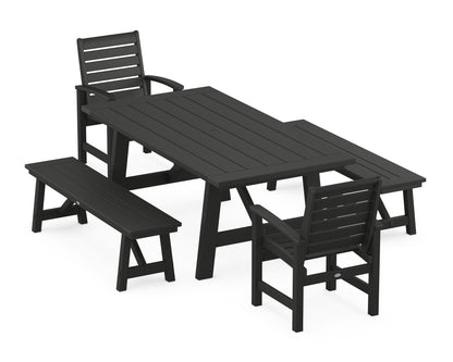 POLYWOOD® Signature 5-Piece Rustic Farmhouse Dining Set With Benches in Black