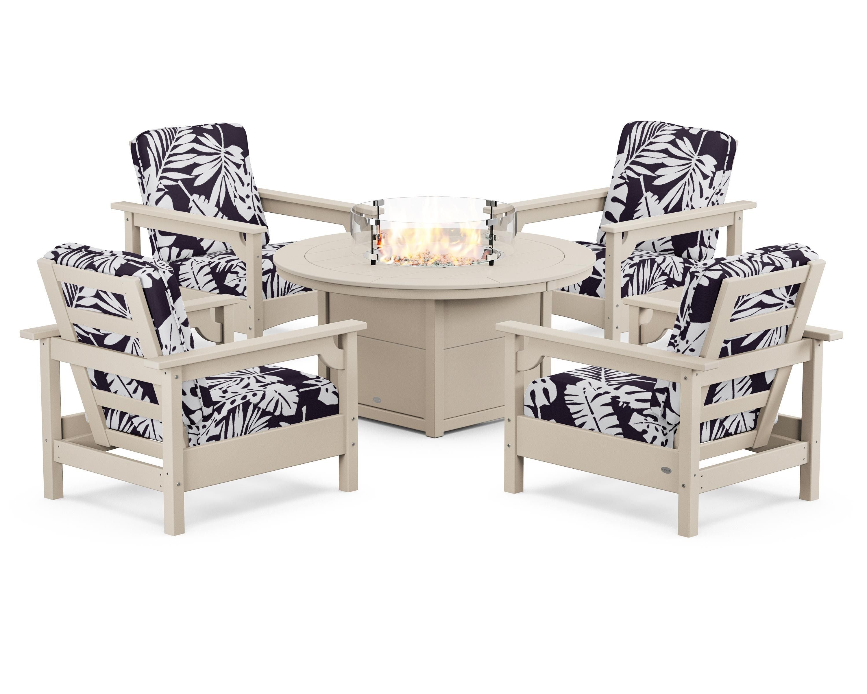 POLYWOOD® Club 5-Piece Conversation Set with Fire Pit Table in Sand / Leaf Navy