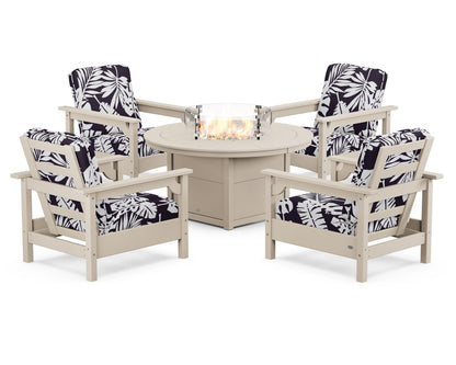 POLYWOOD® Club 5-Piece Conversation Set with Fire Pit Table in Sand / Leaf Navy