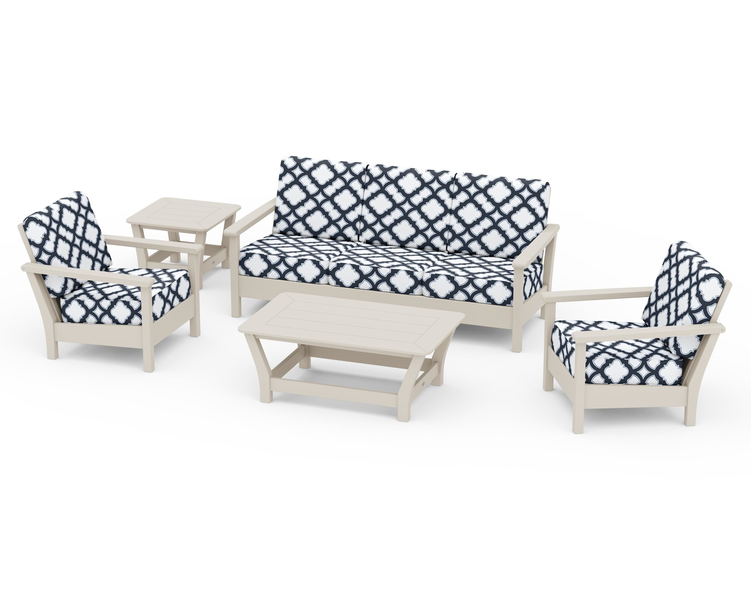 POLYWOOD® Harbour 5-Piece Deep Seating Set in Sand / Trellis Marine Indigo