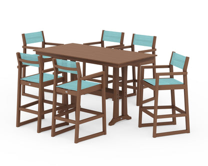 POLYWOOD® EDGE Sling Arm Chair 7-Piece Farmhouse Bar Set with Trestle Legs in Teak / Dupioni Aquamarine Sling