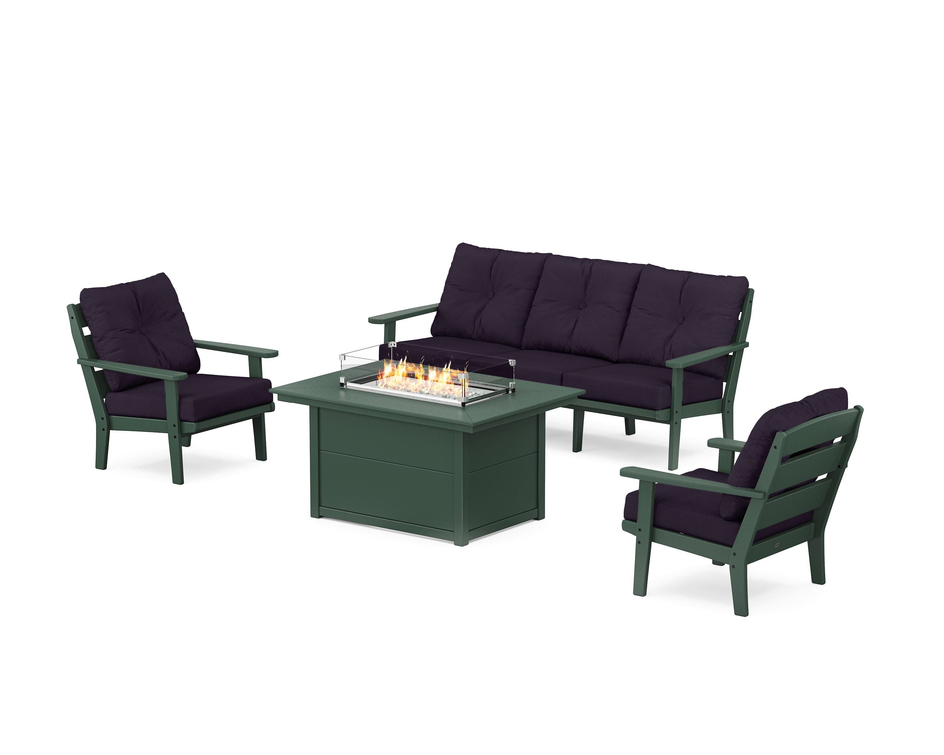 POLYWOOD® Lakeside Deep Seating Fire Pit Table Set in Green / Navy Linen