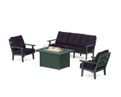 POLYWOOD® Lakeside Deep Seating Fire Pit Table Set in Green / Navy Linen
