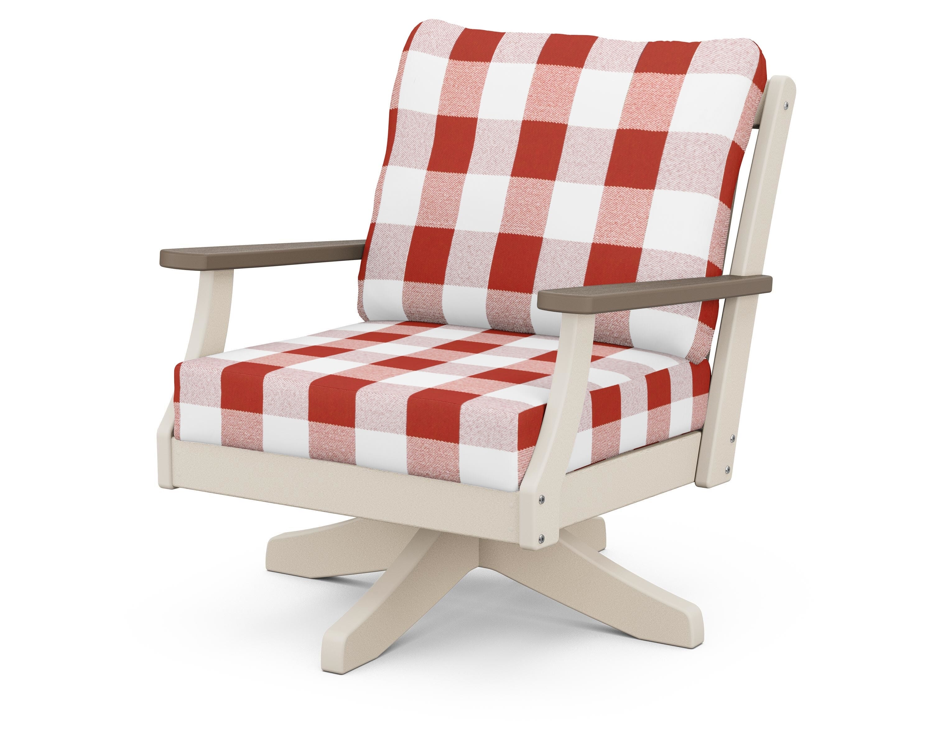 POLYWOOD® Braxton Deep Seating Swivel Chair in Sand / Kona / Buffalo Plaid Crimson