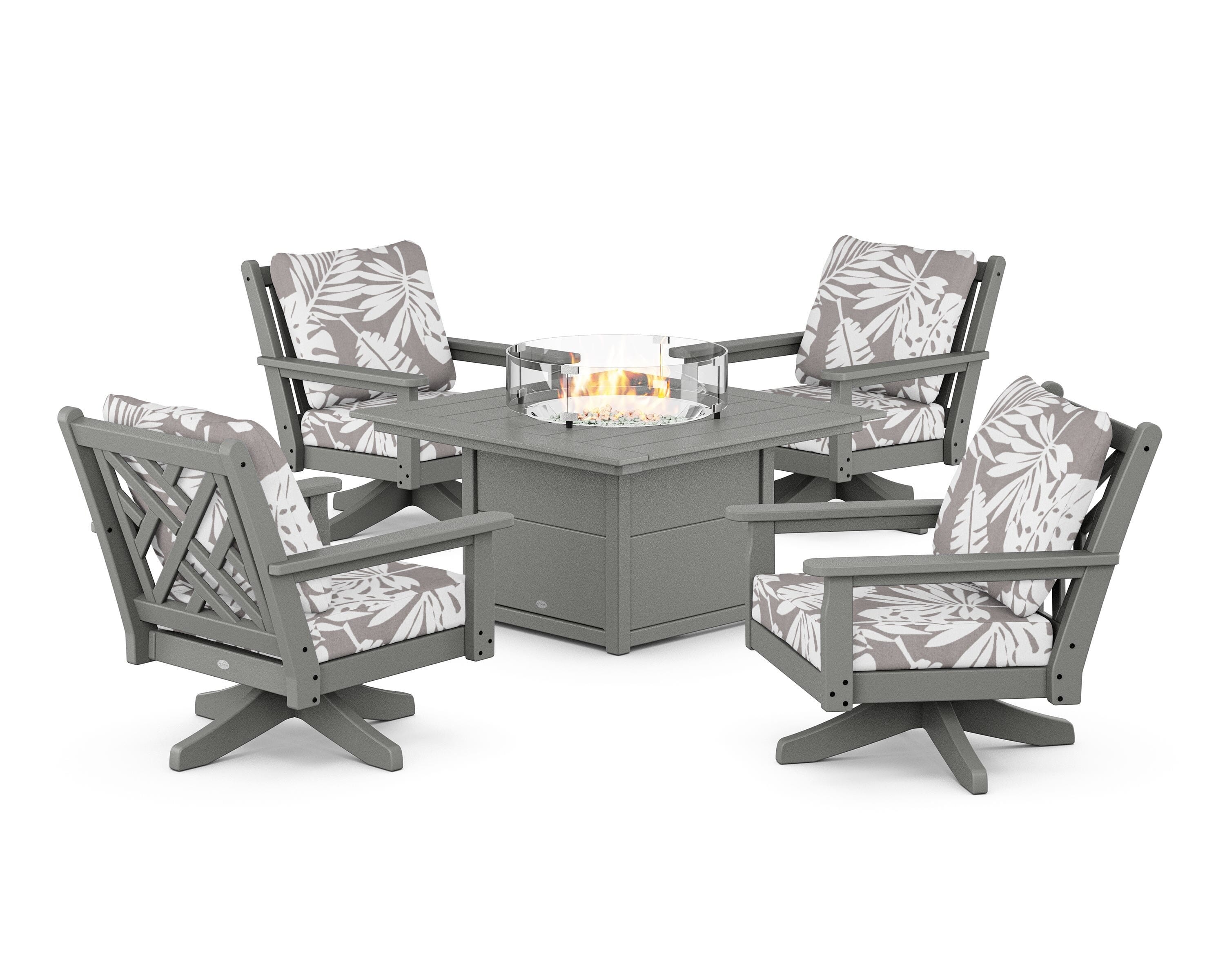 POLYWOOD® Chippendale 5-Piece Deep Seating Swivel Conversation Set with Fire Pit Table in Slate Grey / Leaf Grey Mist
